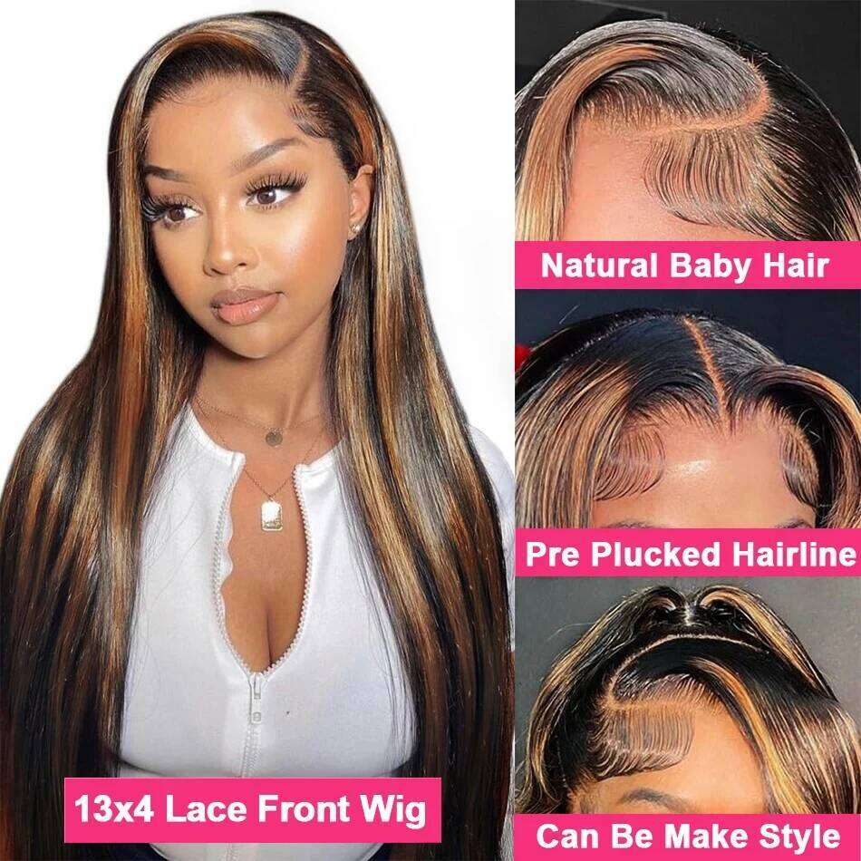 NAMM Highlight Straight Frontal 13x6 HD Layered Wig Synthetic Pre Plucked Ombre Blonde Lace Front Wigs for Women