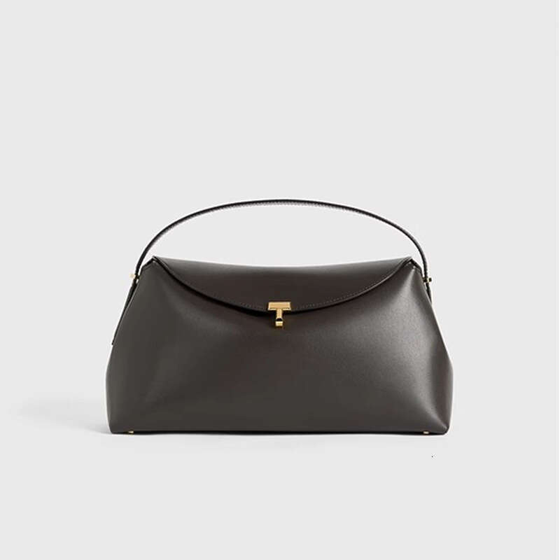 Design Sense Women's Autumn Winter Bark Brown T-shaped Lock Texture Leather Clutch Shoulder Bag 2025 New Elegant Unique Style