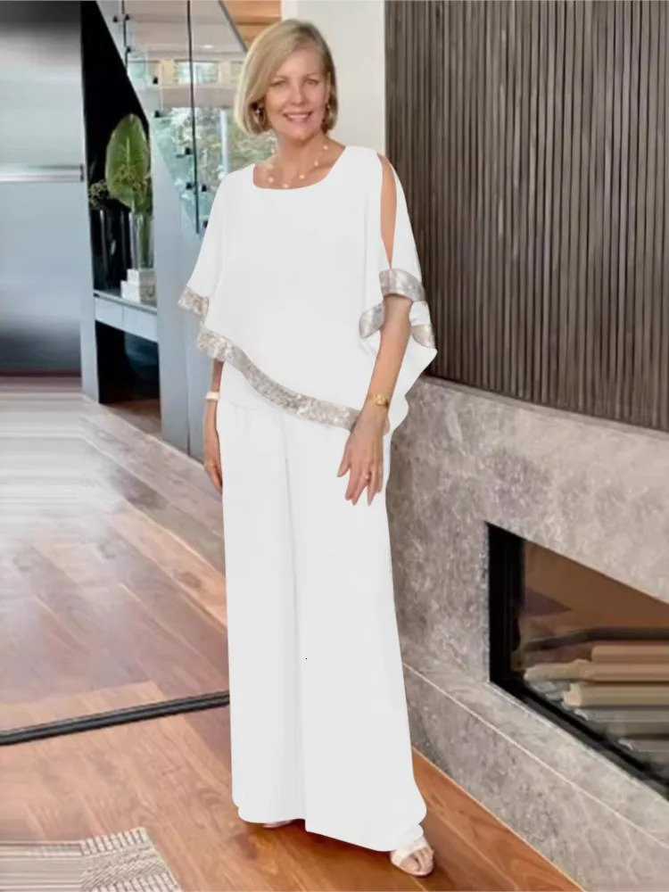 Spring Autumn Set Fashion Round Neck Shining Color Blocked Bat Shirt Sexy Off Shoulder Wide Leg Pants Three Piece 250605