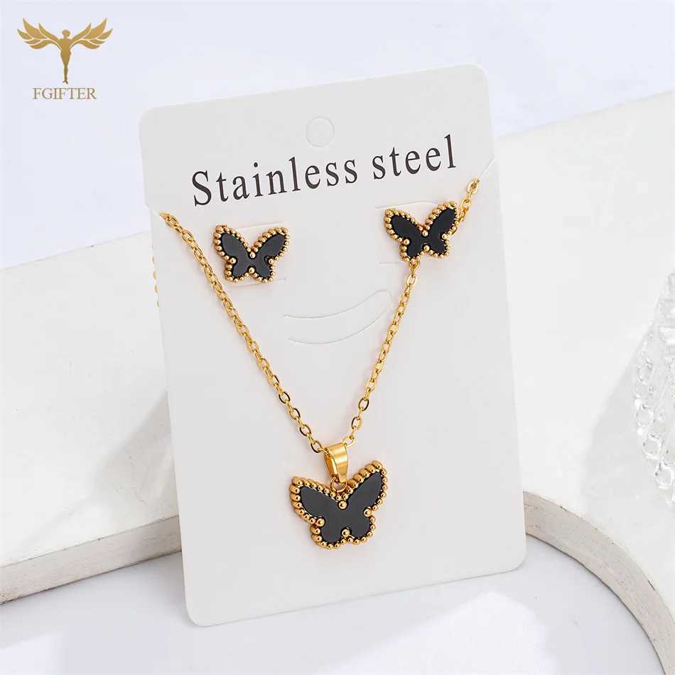Golden Stainless Steel Shell Butterfly Necklace Earrings Jewelry Set White Black Red Green Butterfly Stud Pendant Girl Gifts Z250607