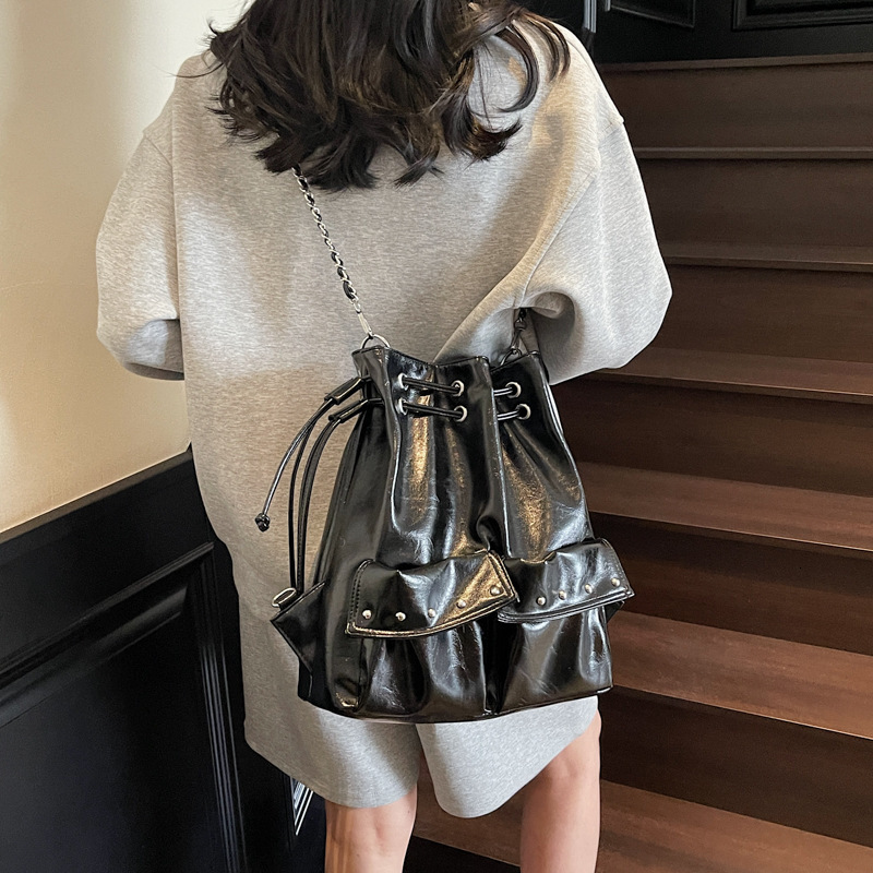 designer Korean Style Motorcycle Rivet Chain Tote Bag for Women, Multifunctional Backpack, Casual Versatile Commuter Large Capacity Shoulder Bag