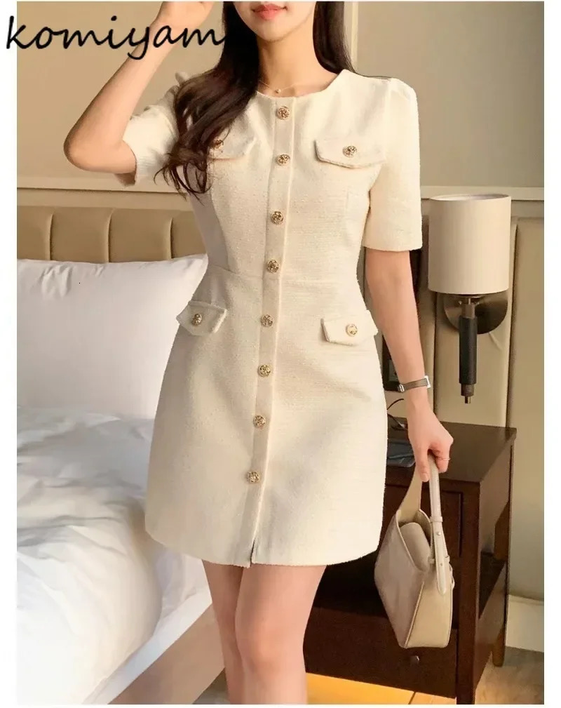 Korean Chic Tweed Dresses Small Fragrance Women Dress Short Sleeve Vestido Summer O-neck Dresses Elegant Robes 250603