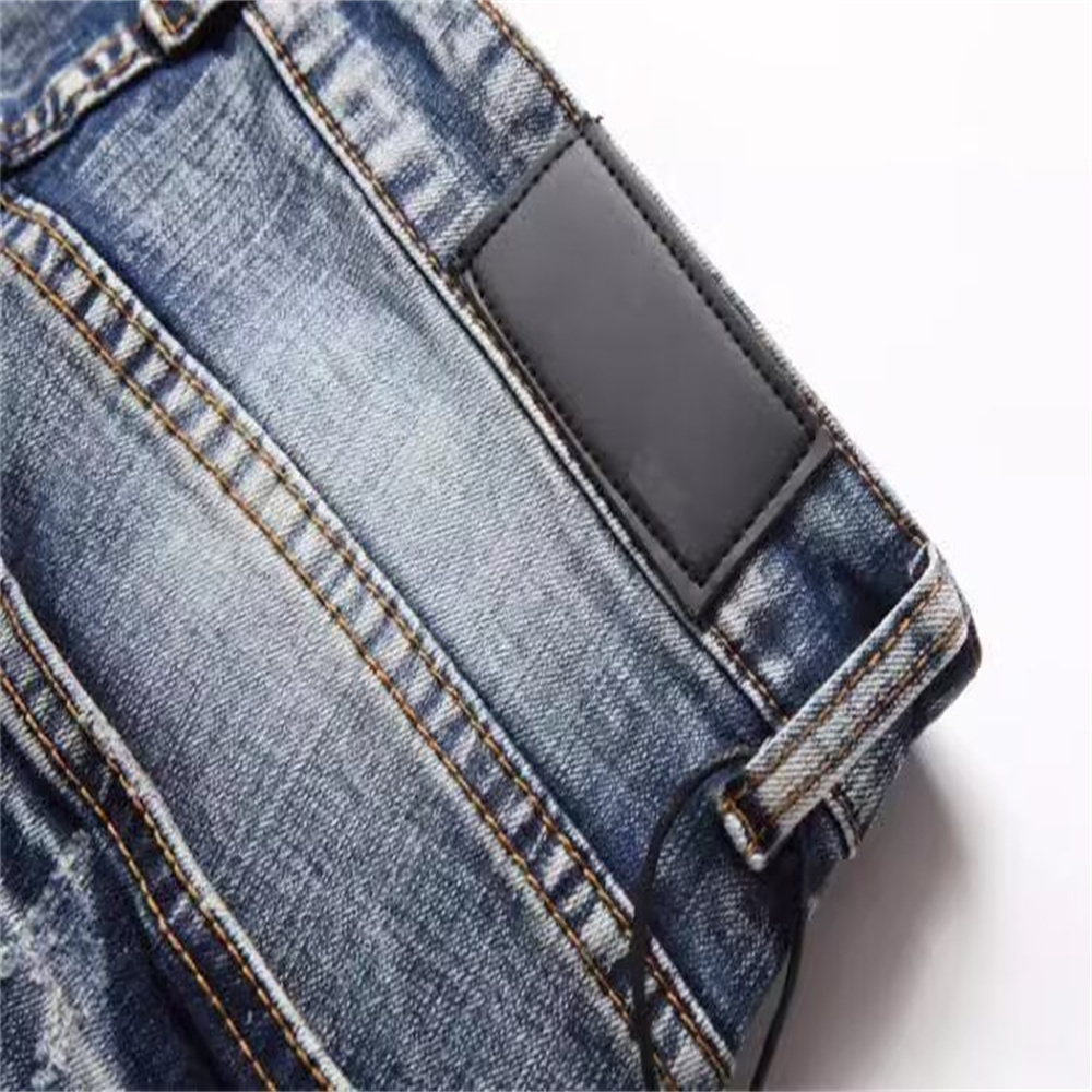 free shipping designer Jeans Embroidered men jeans with knee hole zipper small leg pants large denim pants Stretchy