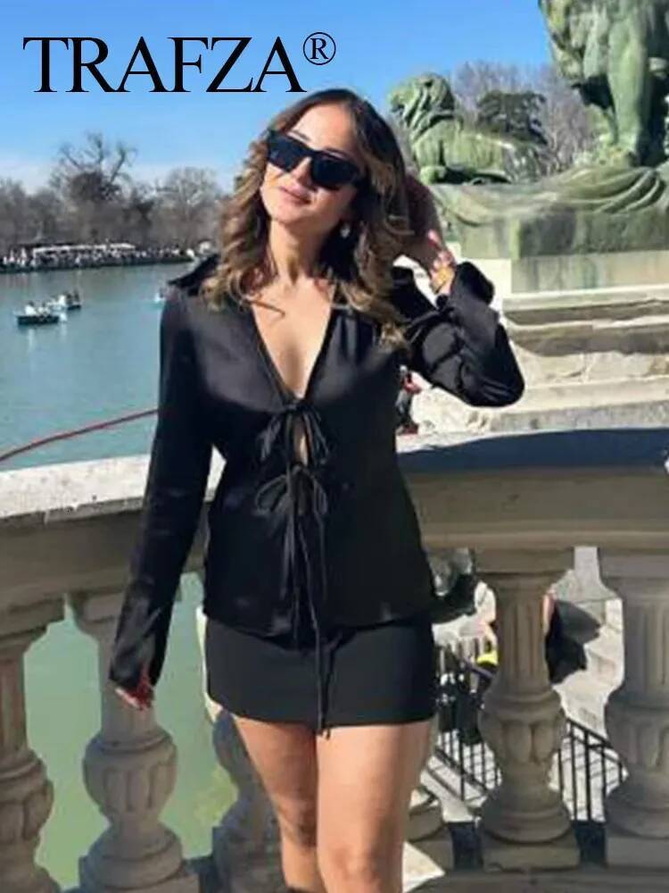 TRAFZA Women's Elegant Satin Lapel Blouses New Fashion Long Sleeve Bow Lace-Up Shirt Female Casual Slim V-Neck Tops Streetwear