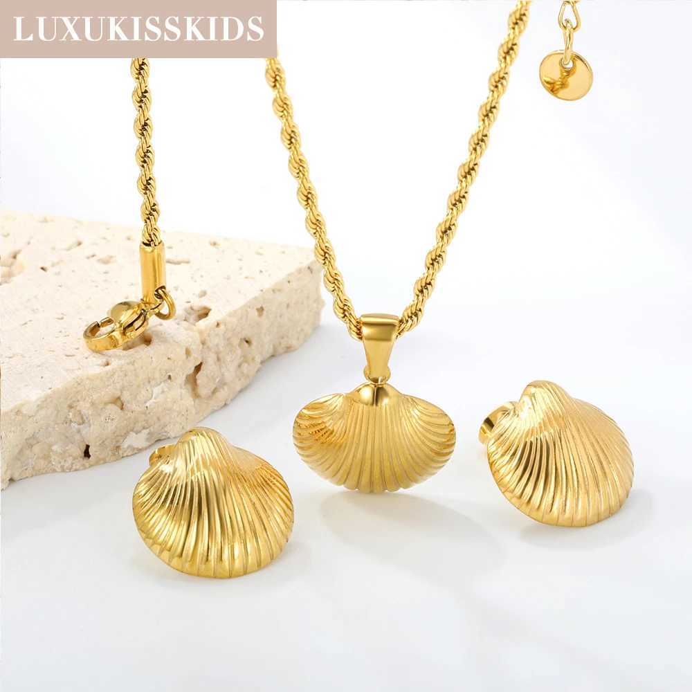 LUXUKISSKIDS Enamel Shell Golden Textured Conch Earrings Necklace s Summer Stylish Steel Woman K Gold Plated Jewelry Set Z250607