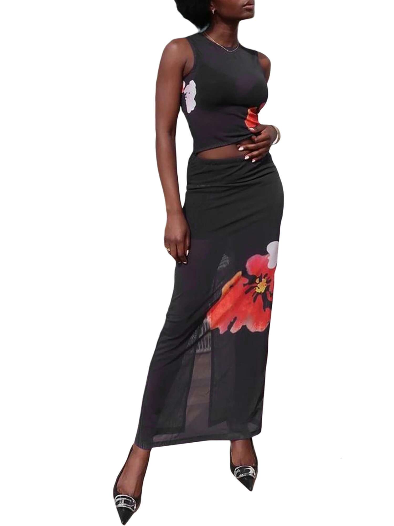 Elegant Floral Print Sleeveless Top and Maxi Skirt Set Stylish Summer Ensemble for Night Out or Special Occasion