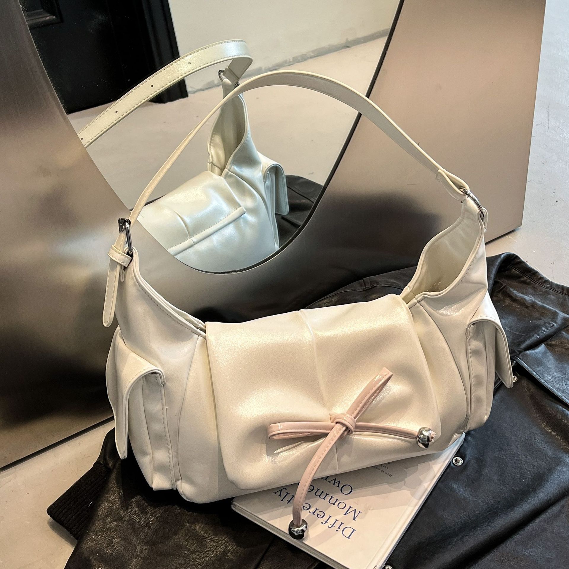 designer Korean Style Pleated Bow Multi-Pocket Single Shoulder Underarm Bag for Women 2025 Summer New Fashion Personality Crossbod