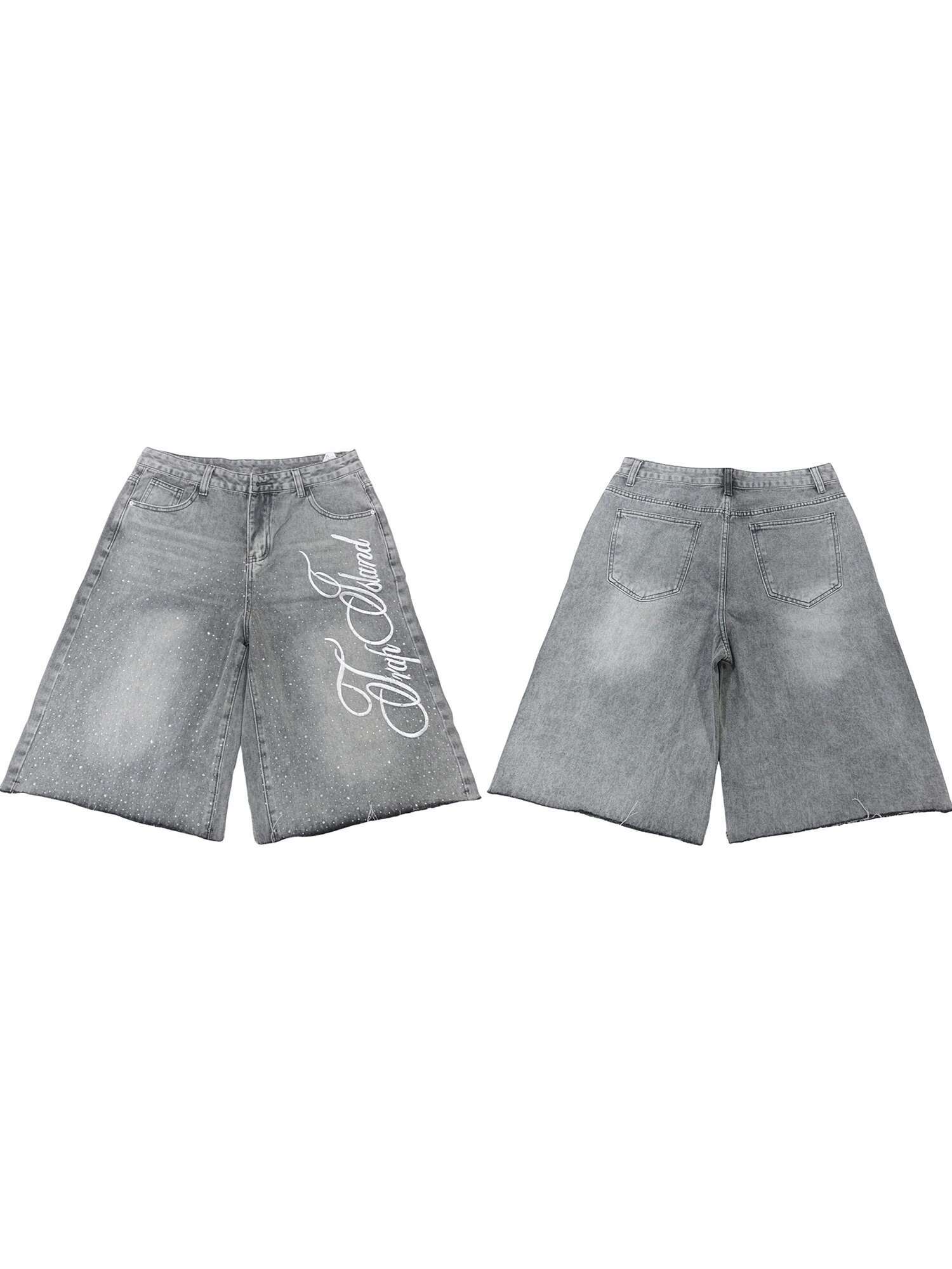 Mens Stylish Knee-length Denim Shorts with Embroidered and Rhinestone Detailing for Summer Casual Wear