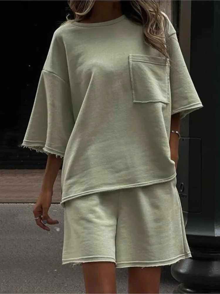 Casual Simple Short Style Sports Two Piece Set Women Solid Color Loose Half Sleeves T Shirt Shorts 2 Piece Sets Lady Streetwear 250605