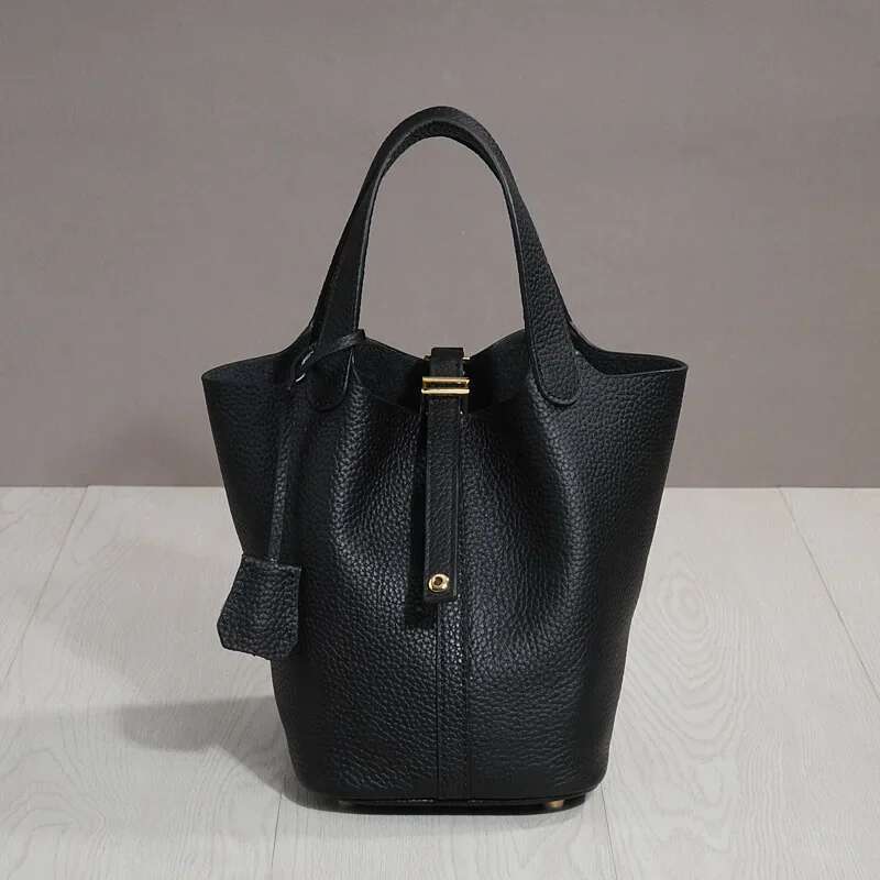 Trendy Genuine Cow Leather Lunch 2024 Imported Bucket Bag Food Basket Picnic Handbag Soft Top-Handle