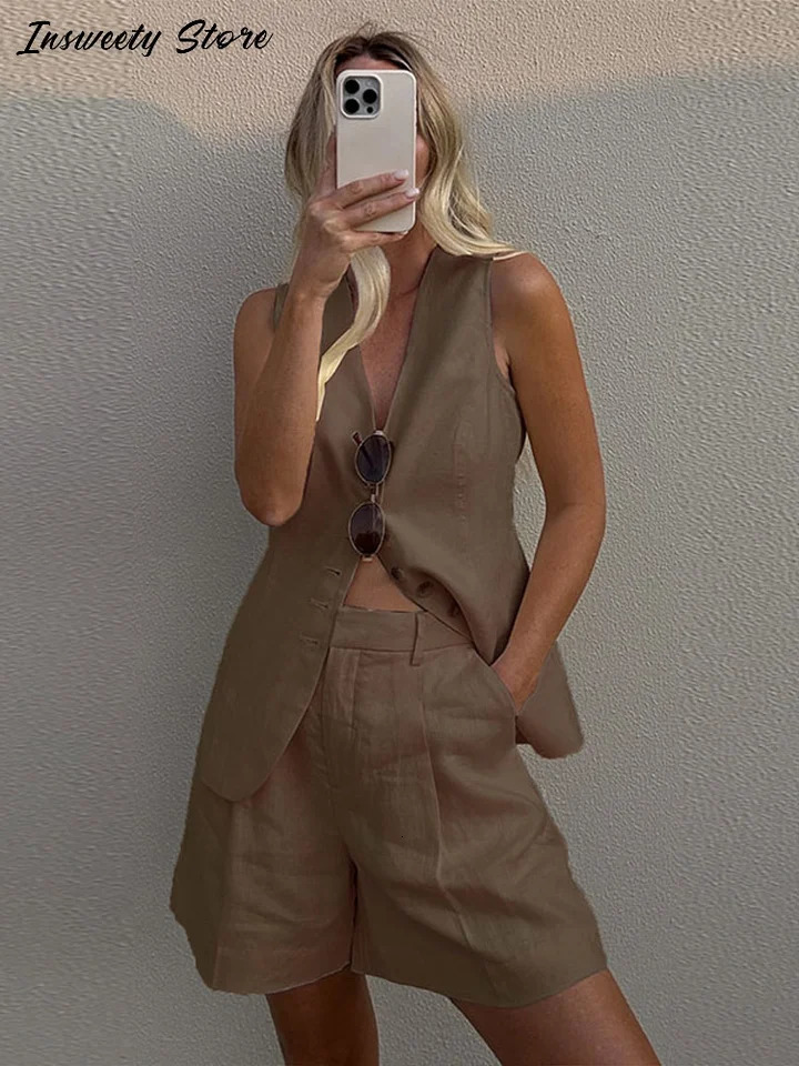 Casual Cotton linen Vest Shorts Set Women Single Breasted V-neck Tops High Waist Short Pants 2025 Spring Summer Lady Suit 250605
