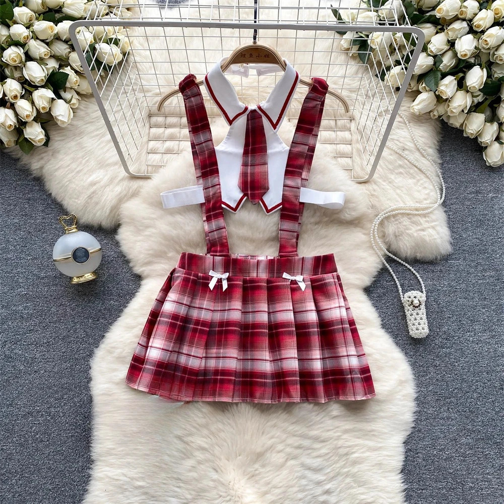 Bow Splicing Lace Edge Y2K Grid Lace-up Neck-mounted Top Sets Women Clothes Block Color Sexy Sweet Mini Skirt Suits Lingerie 250603