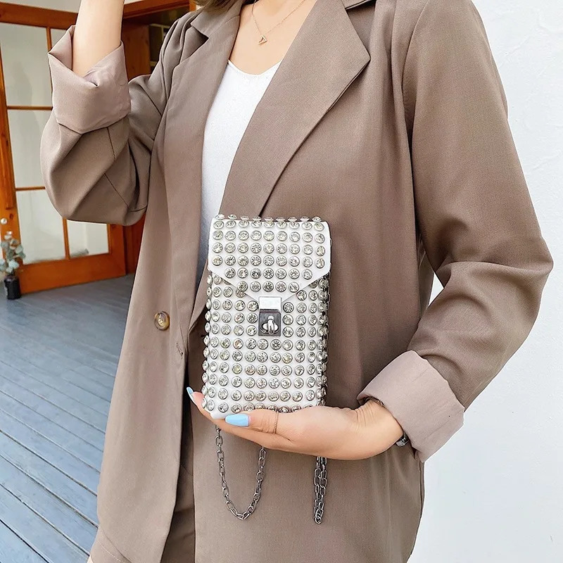 Full Rhinestone Women Phone Waist Bags Detachable PU Leather Waist Belt Shoe chain Crossbody Shoulder Bag Pack 250606