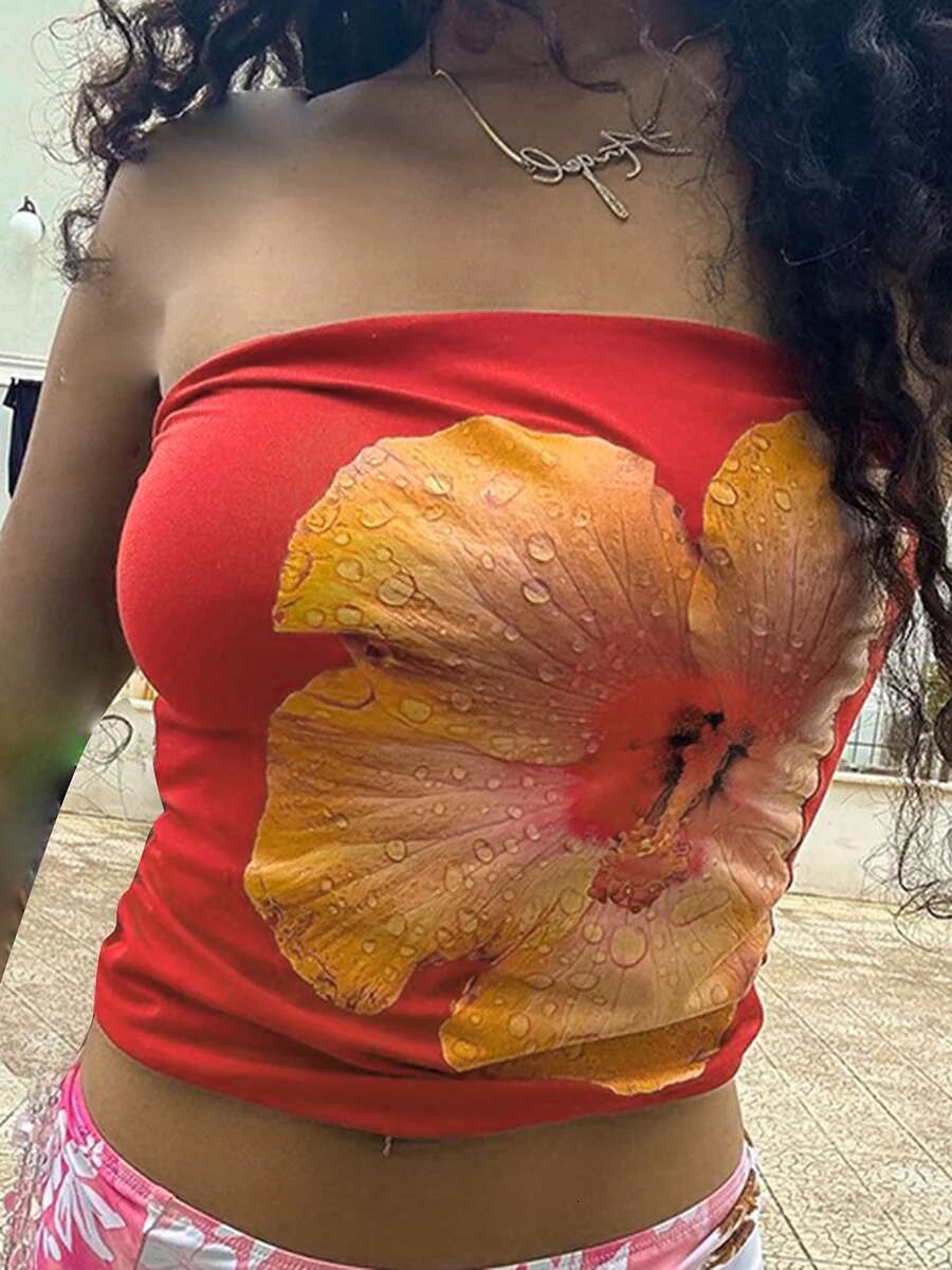 Womens Boho Floral Print Ruffle Off Shoulder Crop Top Summer Sleeveless Bandeau Tube Top with Adjustable Straps for a Fit