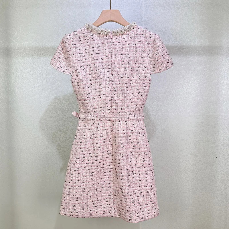 Short Tweed Dresses Women Summer Holiday Crystal Double Breasted Bodycon Pearl Chain Short Sleeve Evening Party Dress 250603