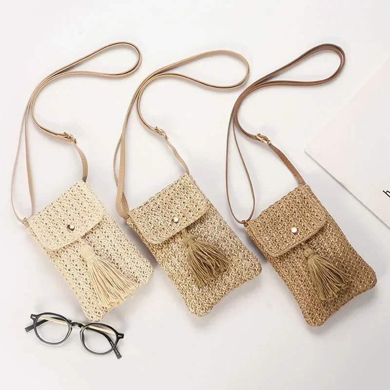Women Straw Beach Bag Holiday Mobile Phone Shouder Bag Summer Tassel Mini Crossbody Bag for Lady Gril Travel Bohemian Style 250606
