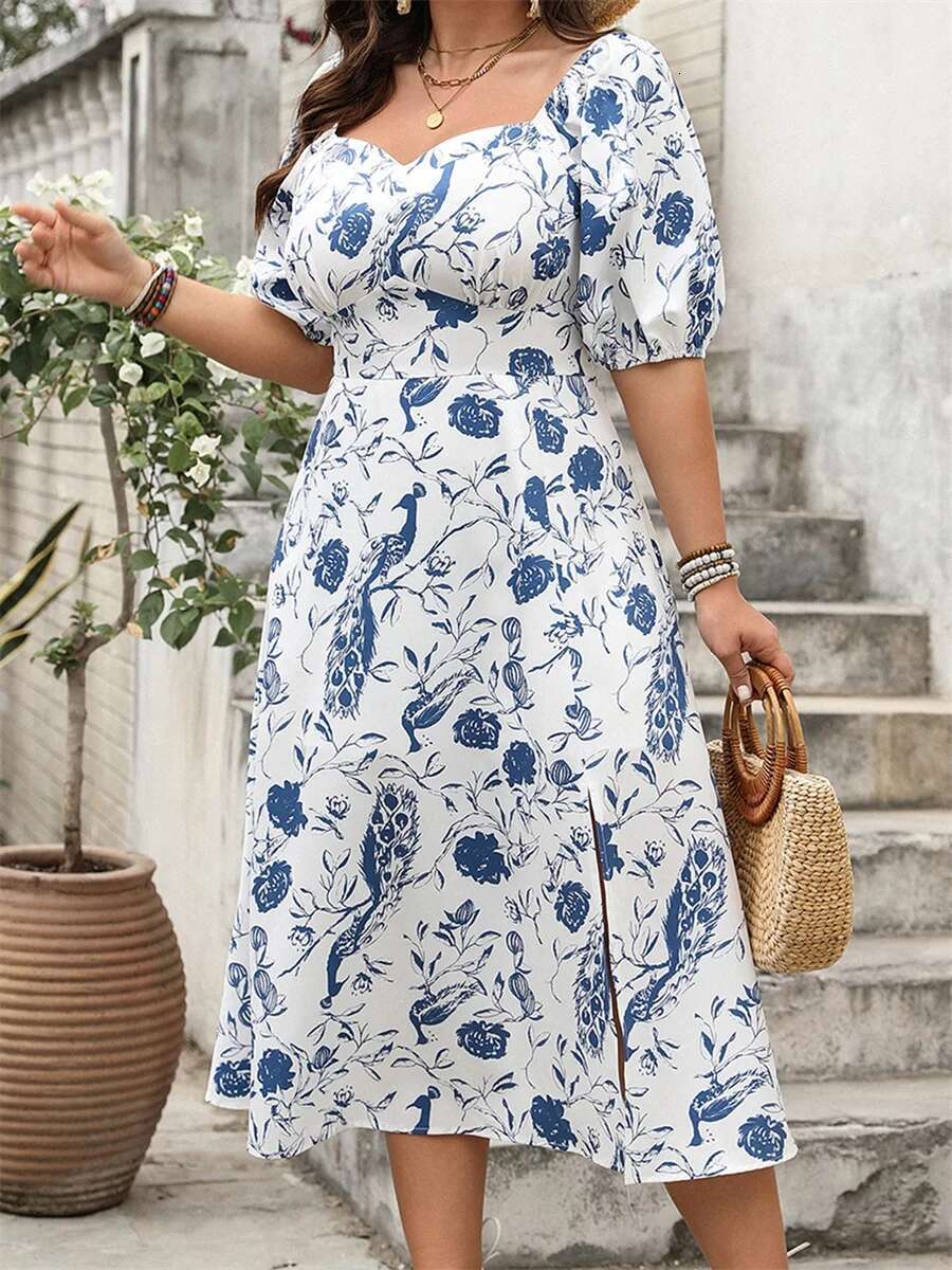 Elegant Lace Plus Size Dress Off Shoulder Short Sleeve High Low Hem A-line Midi Dress Vintage Summer Clothing for Women
