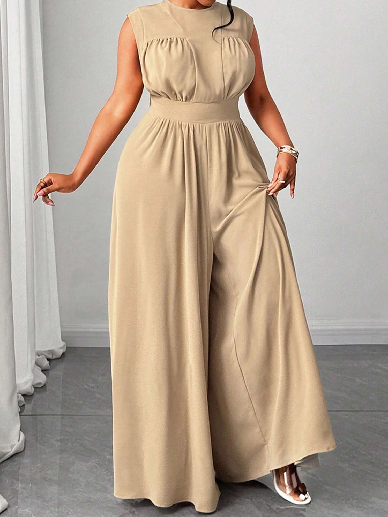 Women Plus Size Jumpsuits Floral Print V-neck Sleeveless Summer Wide-leg Rompers Overalls with Pockets