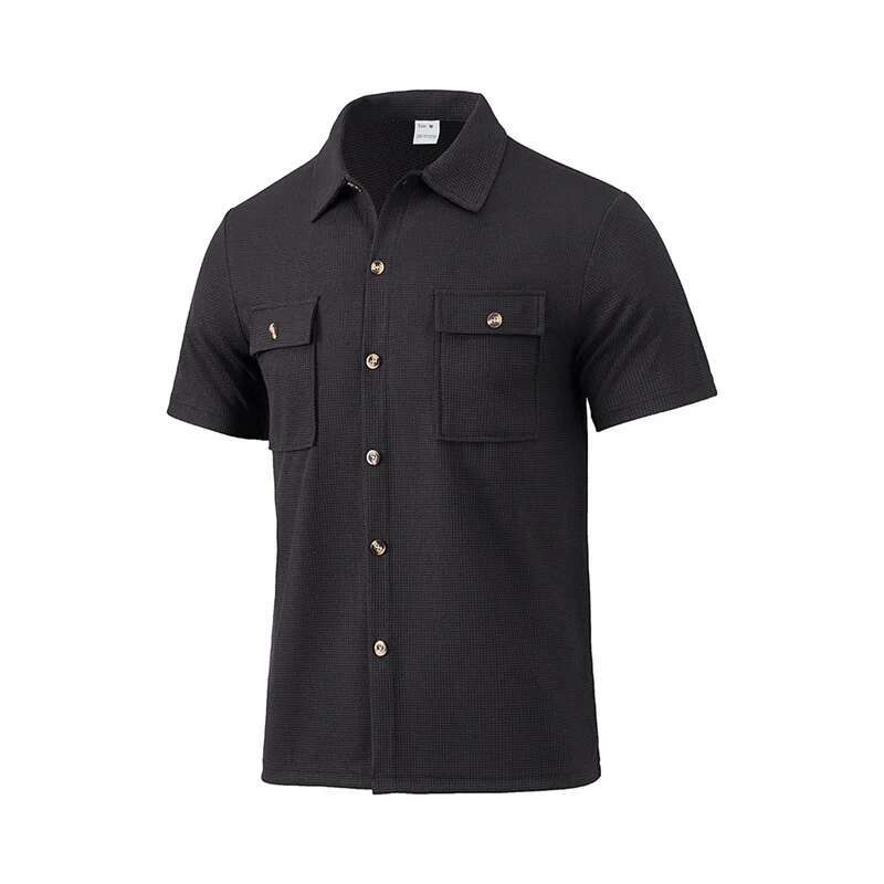 Mens Casual Short Sleeve Button Down Shirt with Turn-down Collar Solid Color Summer Top for Daily Wear and Outings