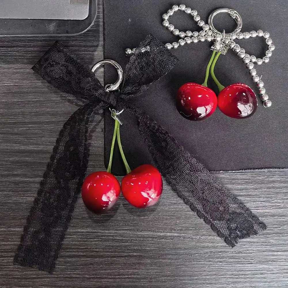 Cherry Pendant Backpack Decoration Keychain Bag Pendant Phone Chain Sweet Imitation Pearl Lace Item Bow Ribbon Hanging Pendant XJ250607