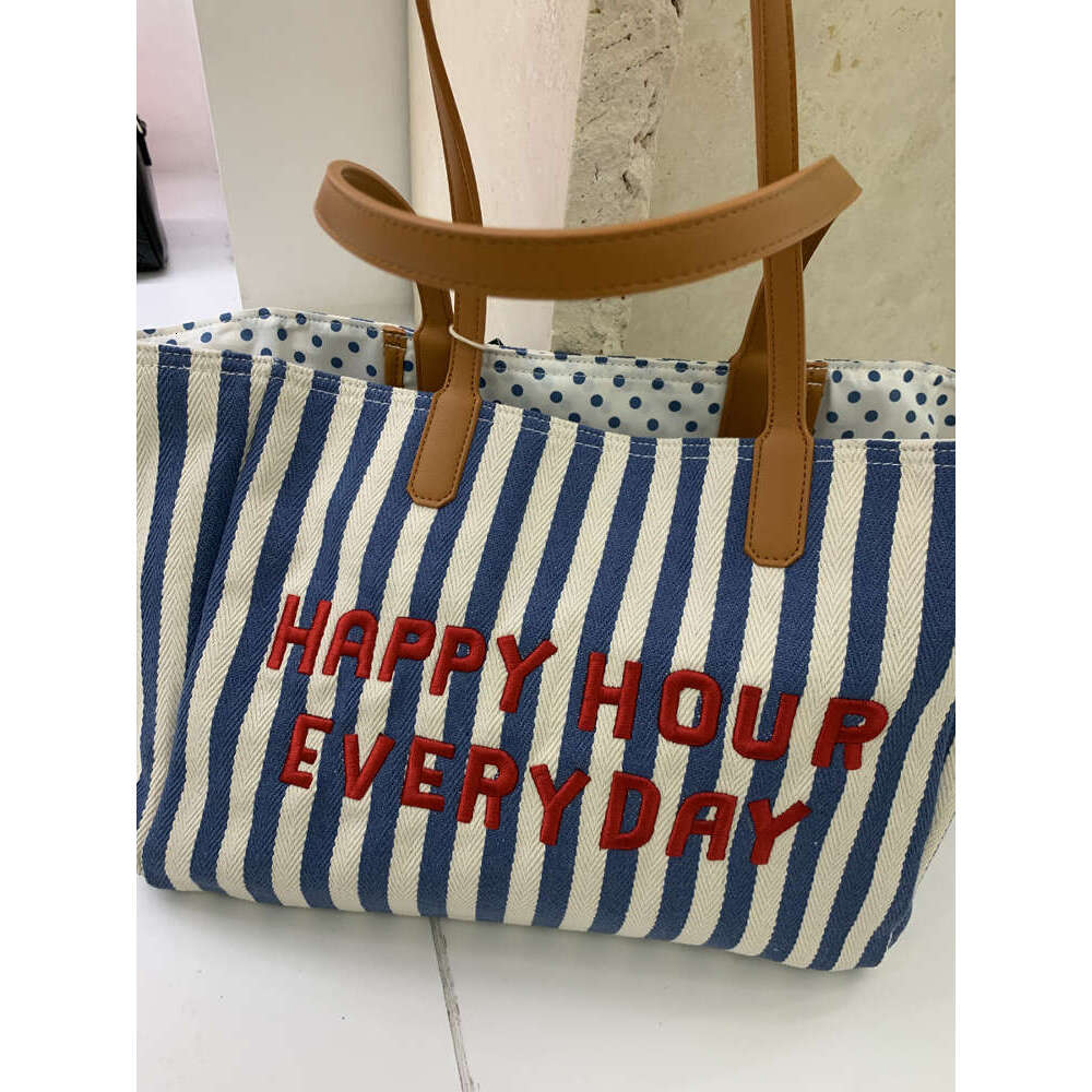 Summer Red and White Striped Letter Embroidered Tote Canvas Handheld Shoulder Underarm Class Mommy Bag Fashionable Versatile