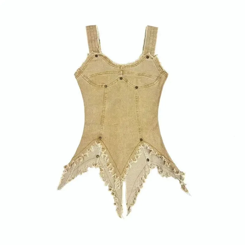 Girl Short Skirt Two Piece Maillard Color Irregular Raw Edge Suspender Denim Top Summer Waistless Half Length Princess Skirt 250605