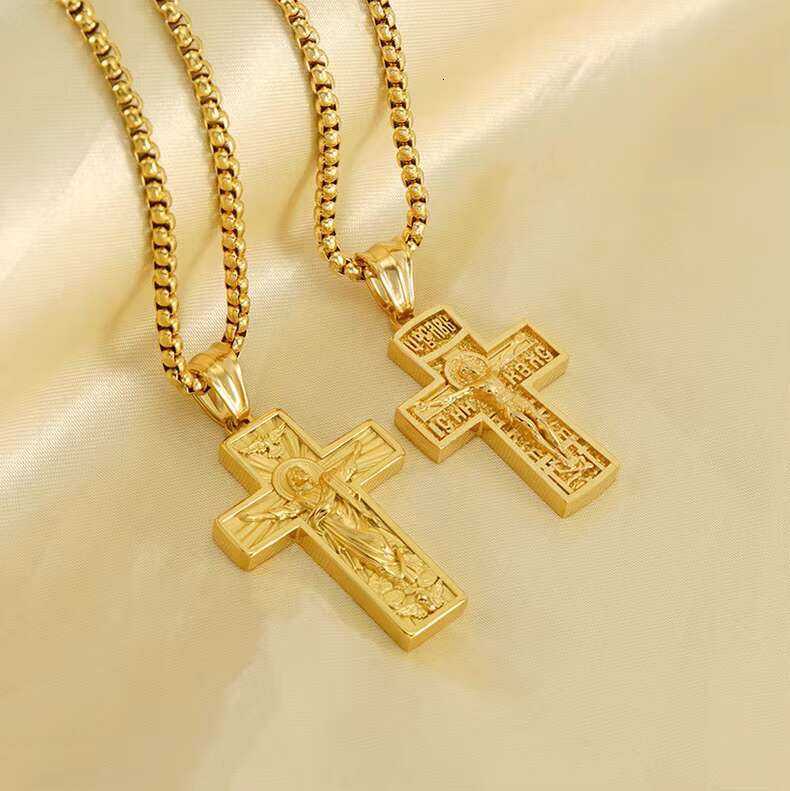 Ganku Vintage Trend Stainless Steel Virgin Mary Necklace Hip Hop Cross Pendant for Men Women Gold Plated for Parties Gifts
