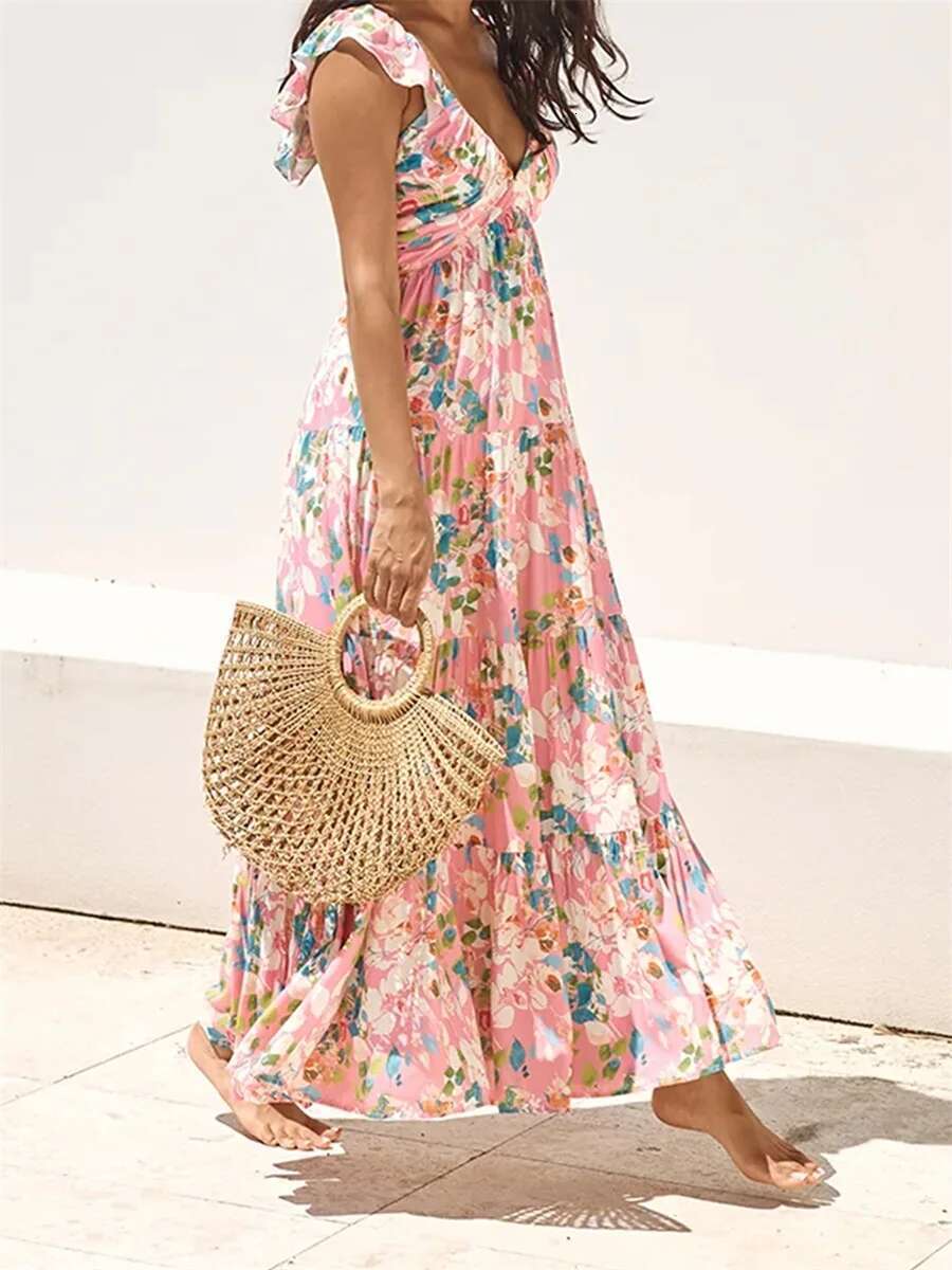 Elegant Sleeveless Maxi Dress with Boho Floral Print and Ruffled Hemline Perfect for Summer Beach Parties and Events