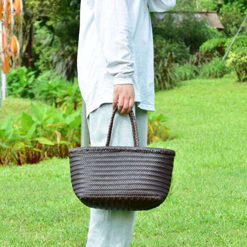 Women Weave Handbags Feminine Handmade Woven Bucket Bag With Cotton Inner Pockets Casual Knitting Leather Handle Bags