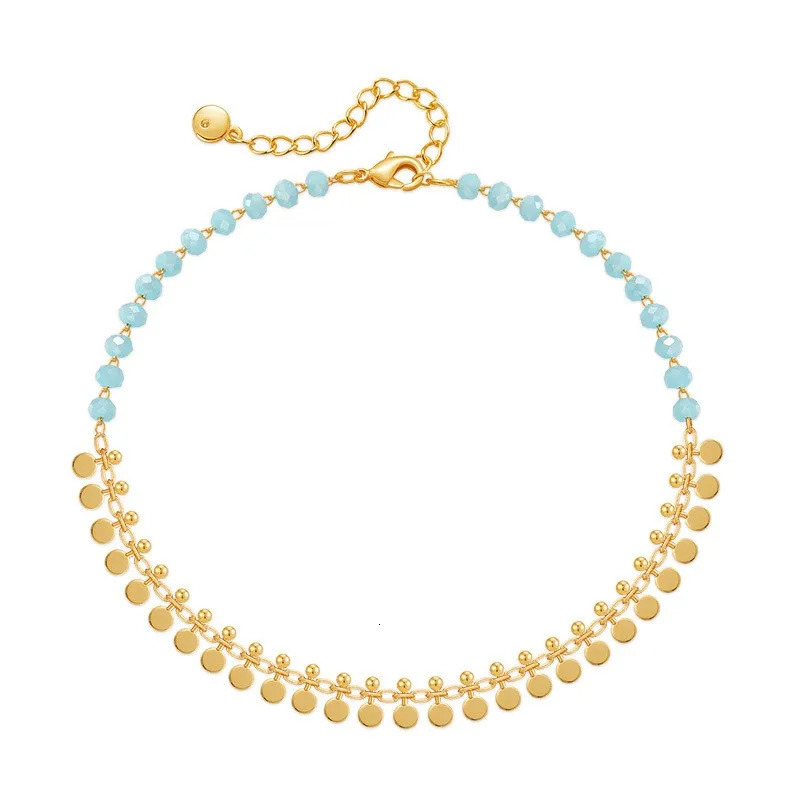 ANENJERY 18K Gold Plated Tassels Charm Anklet for Women Boho Summer Bracelet Blue Stone Beaded Handmade Jewelry Wholesale 250606