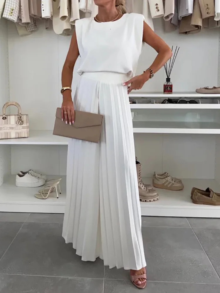 Summer Women Wide Leg Pants Two Pieces Set Holiday Solid Patchwork Simple Outfit O Neck Sleeveless Ladies Suits Streetwear 250603