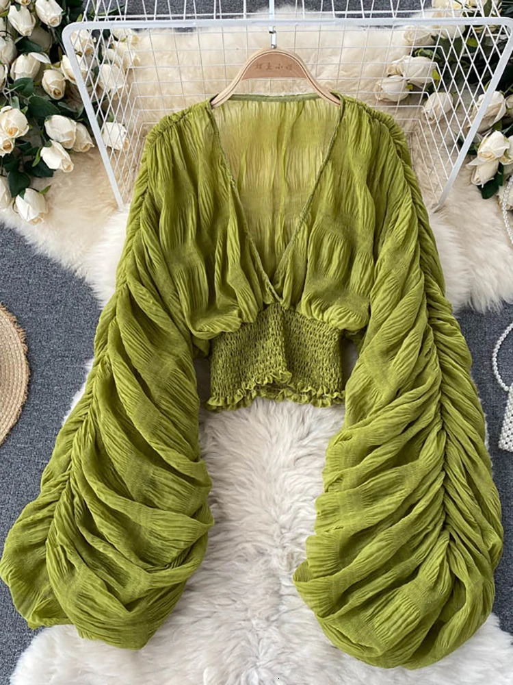 Summer Sexy Draped Chiffon Blouse For Women Elegant V-Neck Puff Long Sleeve Short Tops Female Slim Party Shirts Fashion 250605