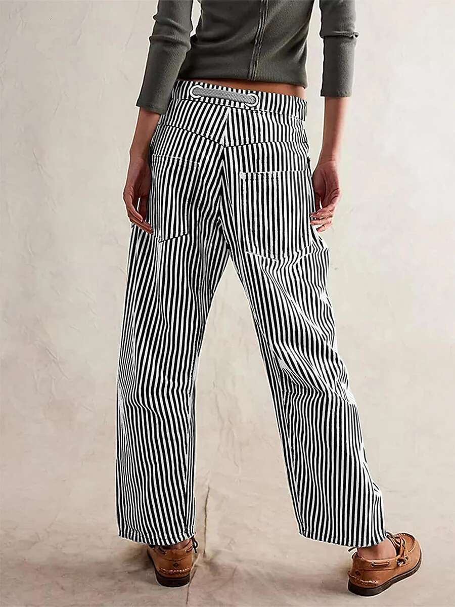 Women High Waisted Striped Palazzo Pants Casual Loose Fit Wide Leg Trousers with Drawstring Elastic Waist and Pockets