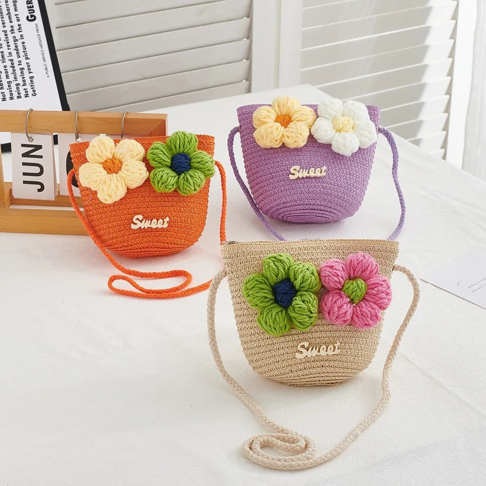 Mini Zipper Flower Straw Bag Summer Beach Coin Purse Po Props Kid Messenger Bags Handmade Woven Storage Basket 250605