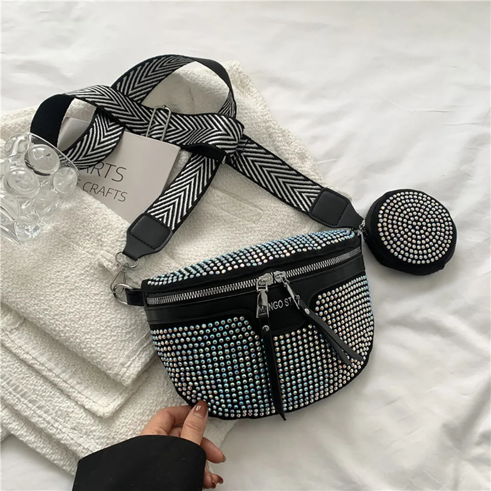Fashion Rhinestone Waist Belt Bag Lady Shiny Shoulder Crossbody Bags PU Leather Chest Pack for Women Handbags Xmas Gifts 250603