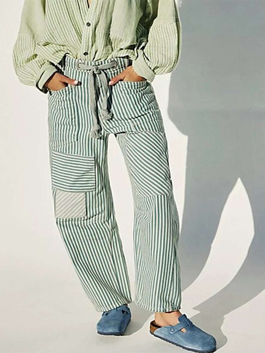 Women High Waisted Striped Palazzo Pants Casual Loose Fit Wide Leg Trousers with Drawstring Elastic Waist and Pockets