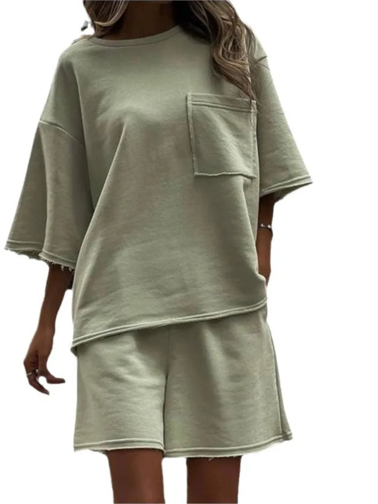 Casual Simple Short Style Sports Two Piece Set Women Solid Color Loose Half Sleeves T Shirt Shorts 2 Piece Sets Lady Streetwear 250605