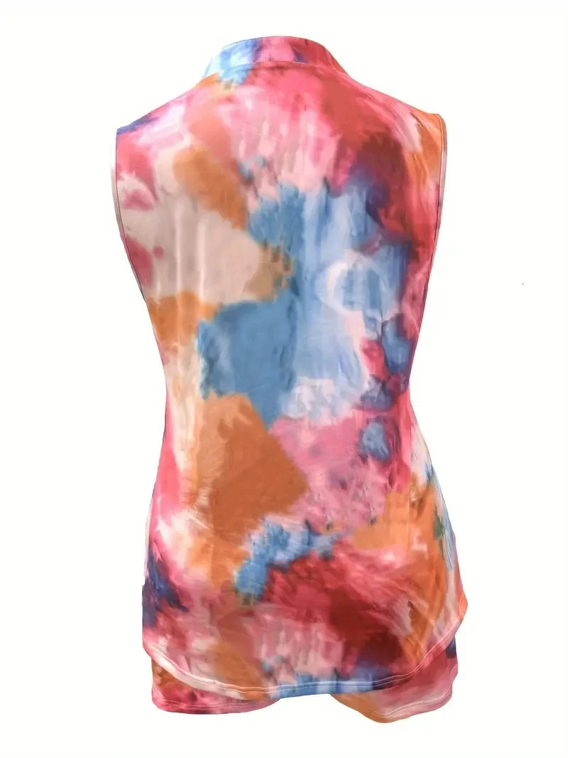 2024 Plus Size Tie Dye Print Twopiece Set V Neck Sleeveless Top Shorts Outfits Clothing 250603