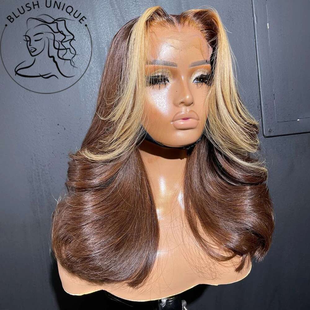 NAMM Chocolate Brown Skunk Stripe Wig Honey Blonde Body Wave Lace Front Highlight Synthetic Glueless Wigs For Women