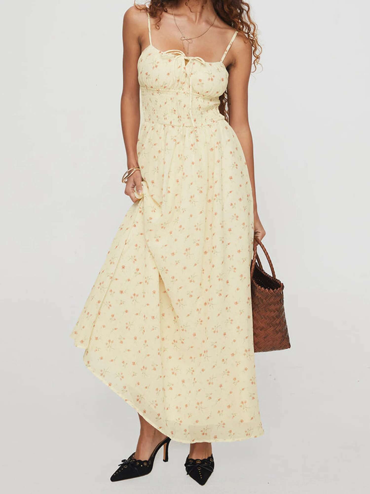 Elegant V-neck Maxi Dress Sleeveless Ruffle Hem Floral Print Dress for Wedding Guest Beach Party Evening Gown