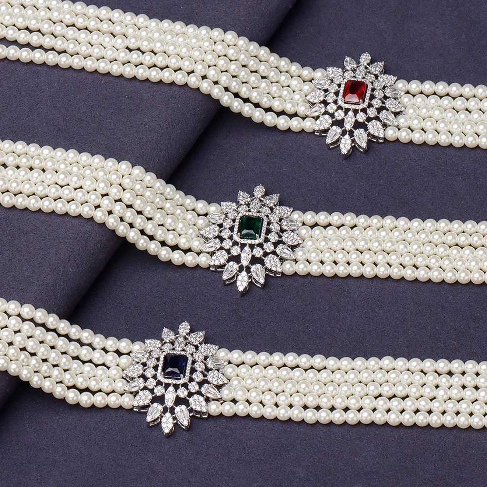 Gorgeous 5 Layered Imitation Pearl Choker with Pendant Necklaces Zircon 4PCS Jewelry Set for Women Wedding Z250607