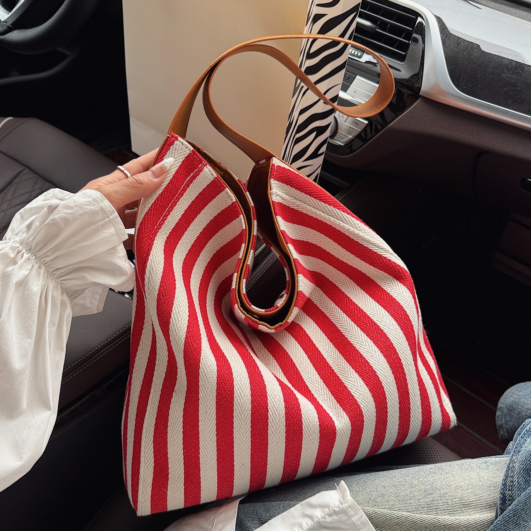 designer Casual Style Canvas Bag for Women Large Capacity Bag 2025 New Summer Striped Color Block Shoulder Tote Handbag