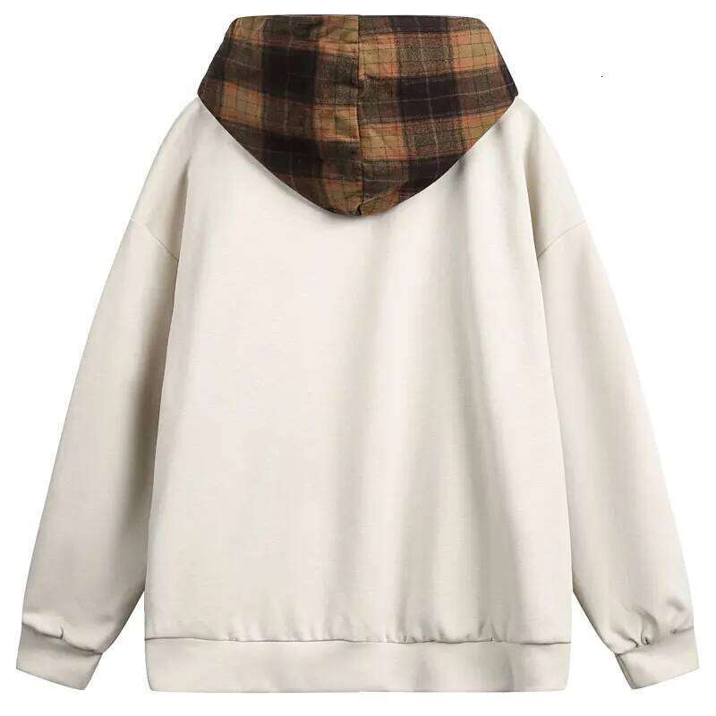 Vintage Hooded Jacket Y2K Plaid Checkered Patchwork Double Zipper Up Coats Haruku Hip Hop Casual Baggy Solid Hoodie Jackets