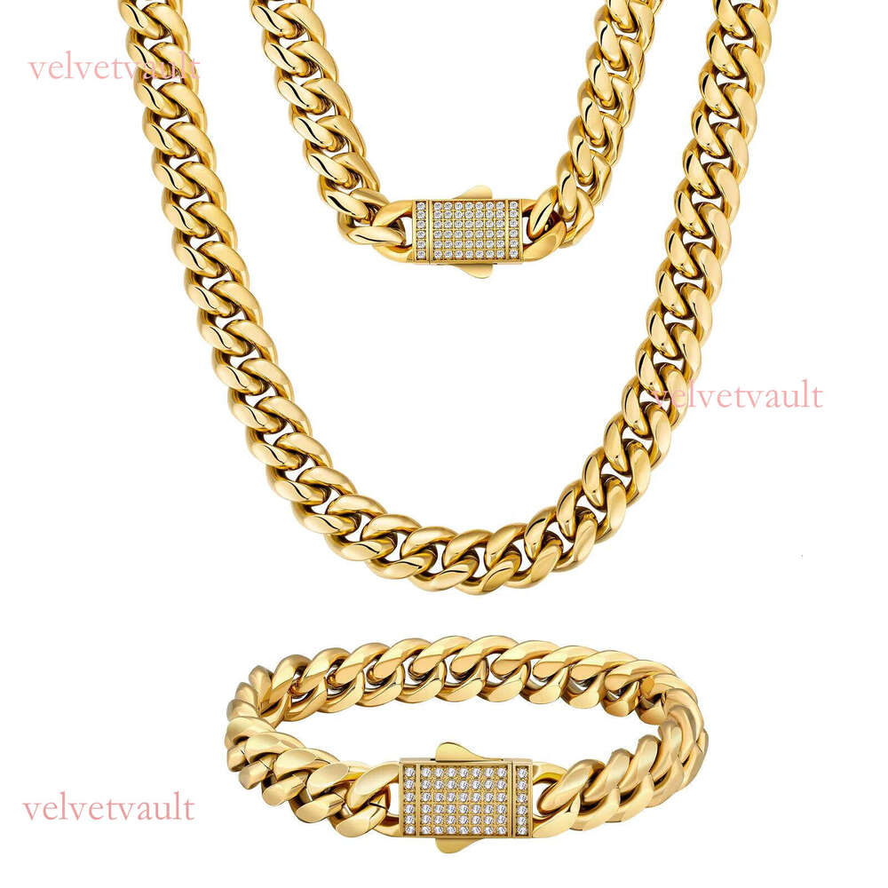 Double-Sided Ice Buckle Necklace Real Gold Stainless Steel Straight Pull Hip-Hop Jewelry Women 12mm Miami Cuban Bracelet Men Chain