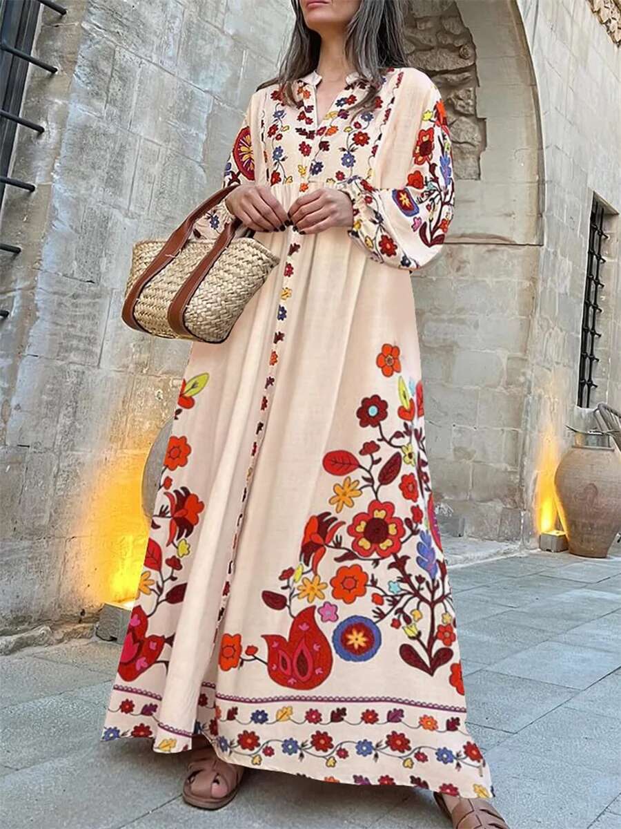 Womens Elegant Floral Print V-neck Long Sleeve Maxi Dress with Flowy Silhouette for Casual Fall Style
