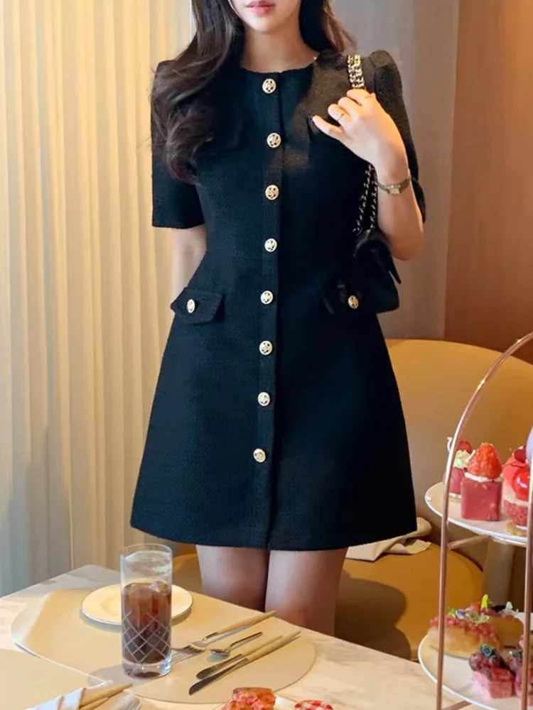 Korean Style Chic Temperament Women Skirt French Small Fragrant O-neck Elegant Coarse Tweed Short Sleeve Dresses Female Clothes 250603