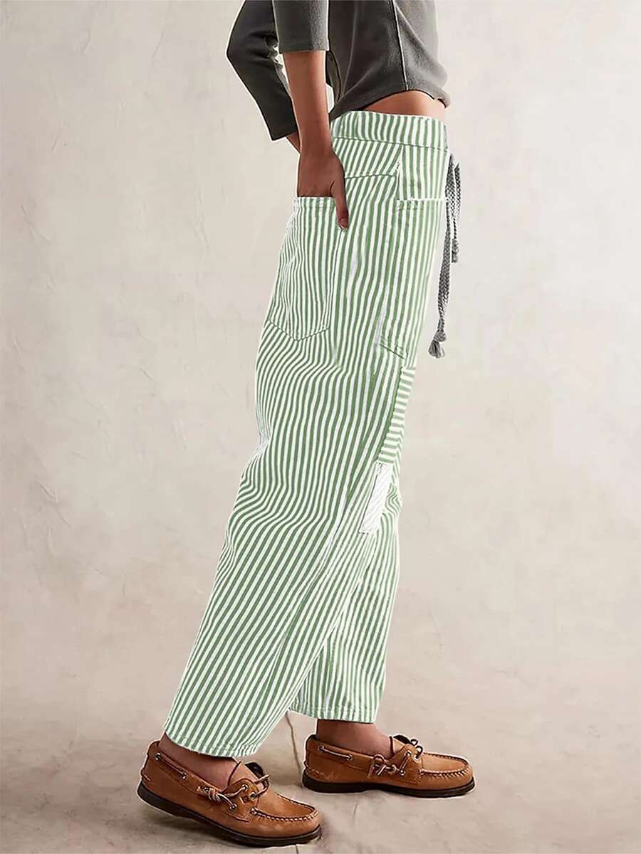 Women High Waisted Striped Palazzo Pants Casual Loose Fit Wide Leg Trousers with Drawstring Elastic Waist and Pockets