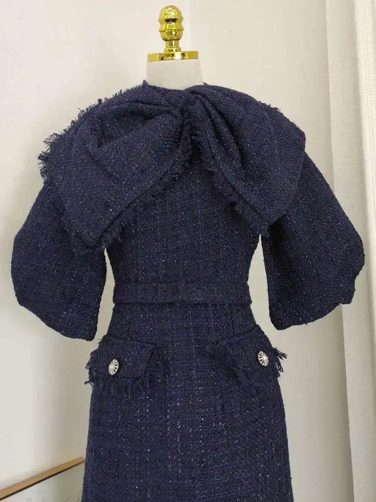 IEQJ Bownot Tassel Spliced Puff Sleeve Tweed Dresses For Women Vintage Elegant High Waist Slim Dress Clothing 3WQ7259 250603