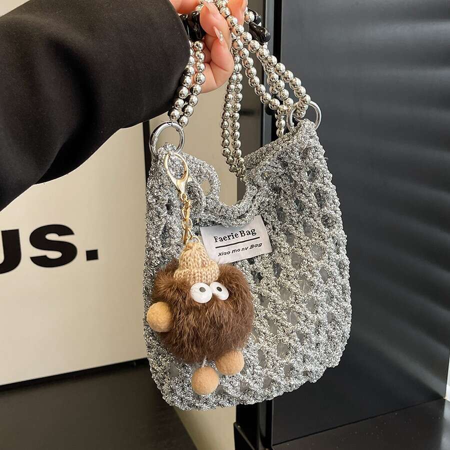 (Finished Product) Handmade Crochet Silver Thread Shoulder Phone Bag Crossbody Women's Fashion Versatile