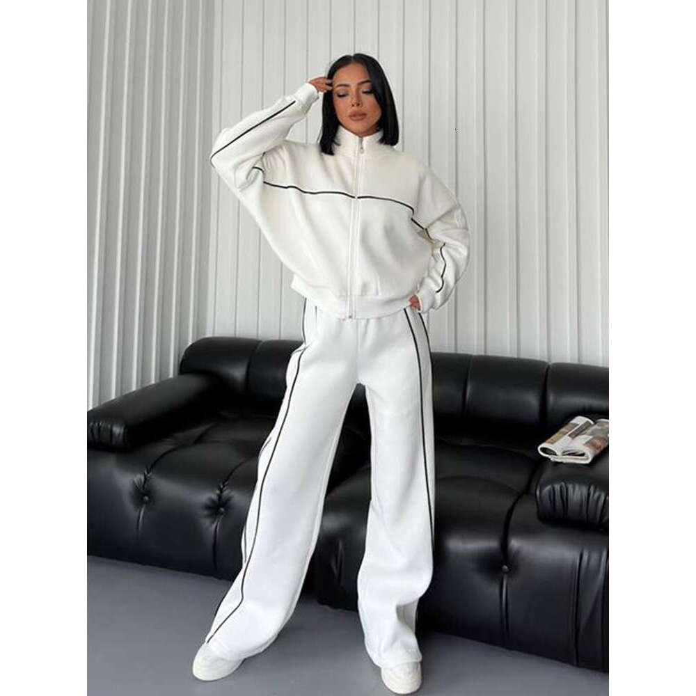 2025 European and American Fashion Set for Women: Long Sleeve Turtleneck Cardigan Sweatshirt with Drawstring Striped Pants, Two-Piece Elegant Versatil